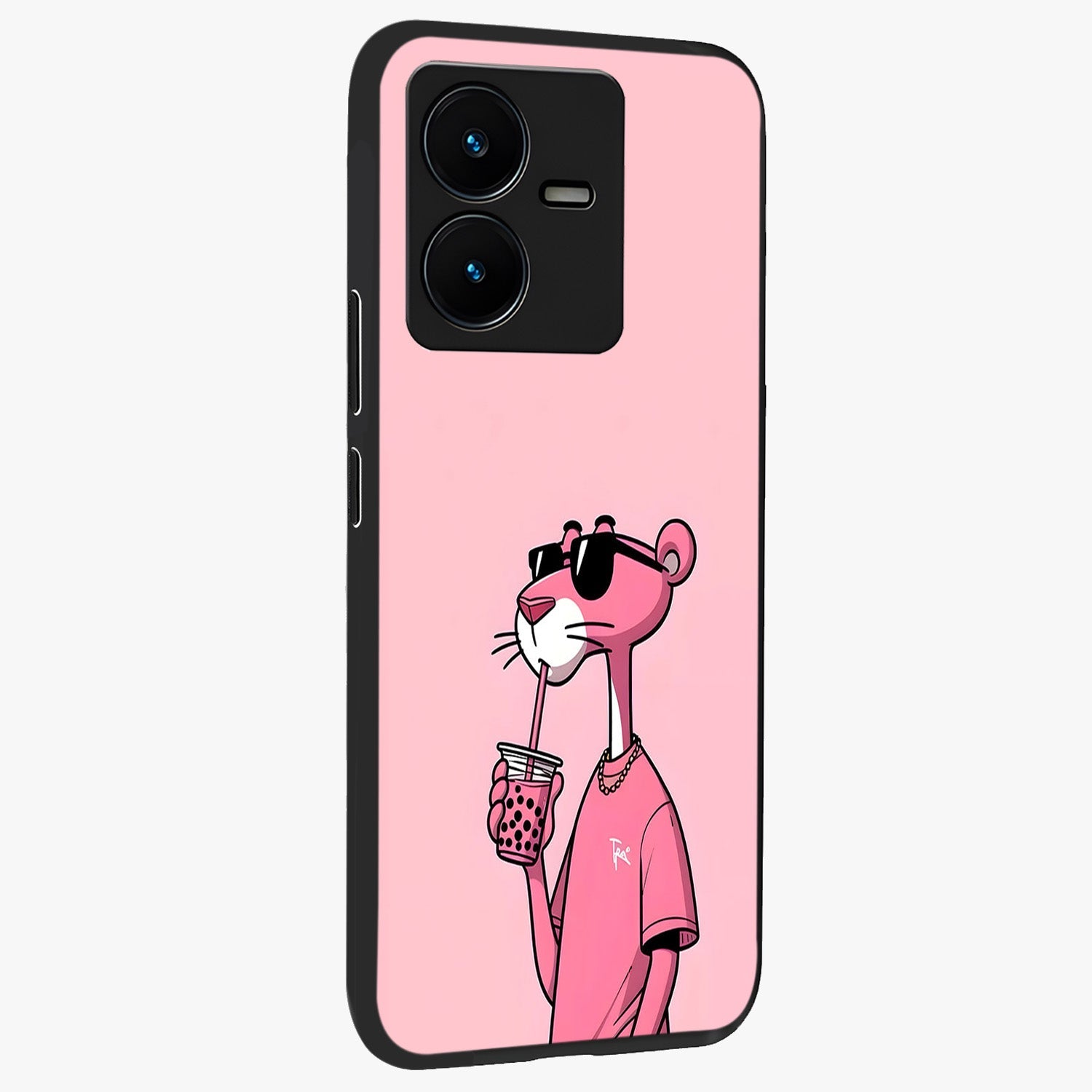 Pink Panther Glass Case upright view showcasing fun animated artwork with stylish retro cartoon theme.