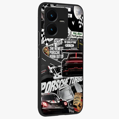 Porsche Racing Collage Glass Case upright view showcasing energetic car collage artwork with high speed racing theme.