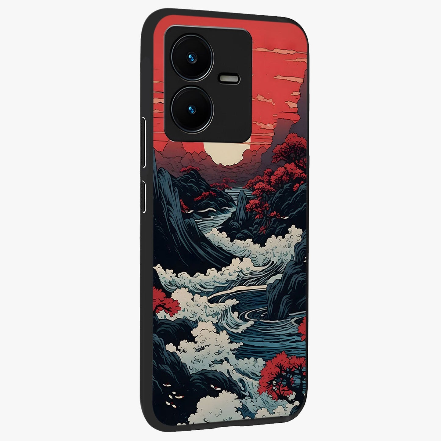 Red Sunset Scenery Glass Case upright view showcasing dramatic sunset scenery artwork with warm nature theme.