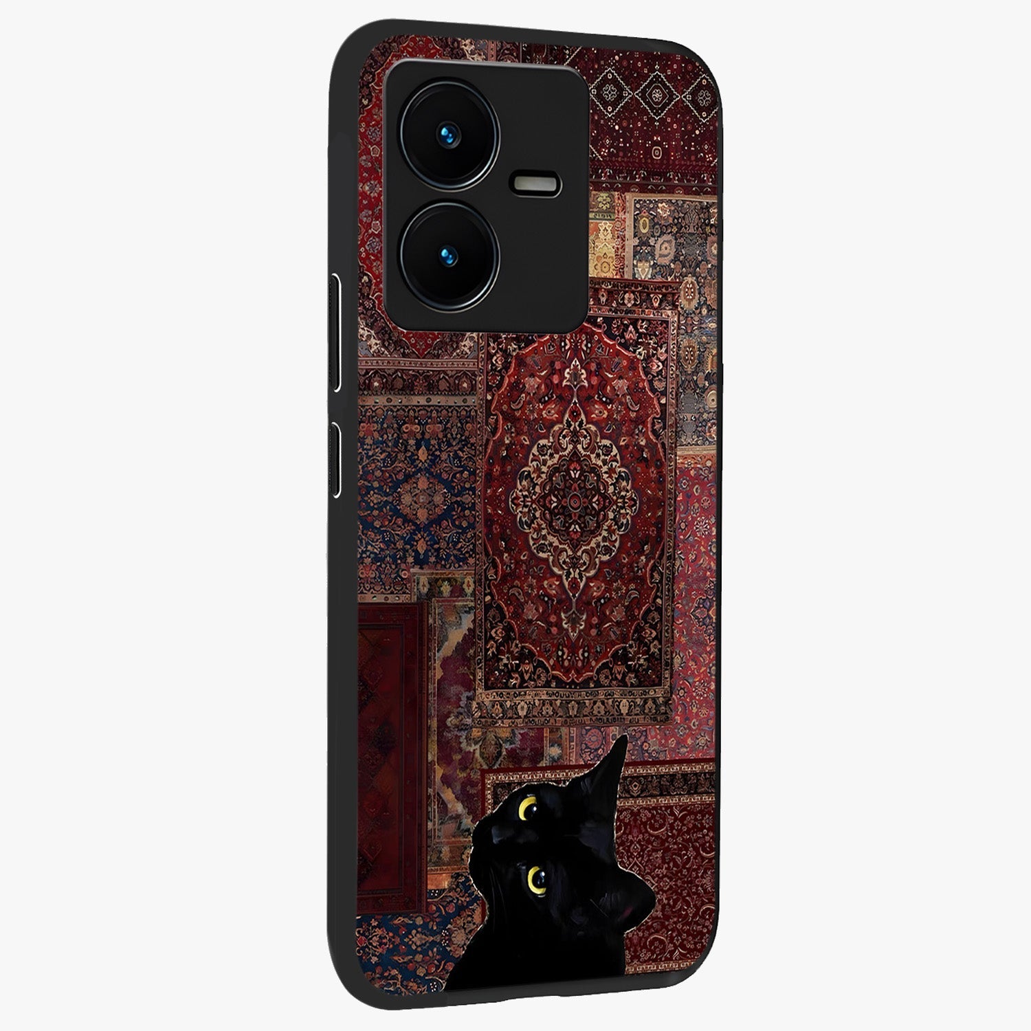 Regal Magic Cat Apple Glass Case upright view showcasing charming cat artwork with playful magical theme.