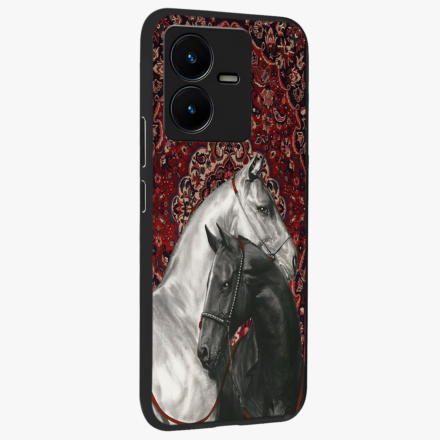 Regal Stallion Tapestry Glass Case upright view showcasing powerful horse artwork with elegant tapestry theme.