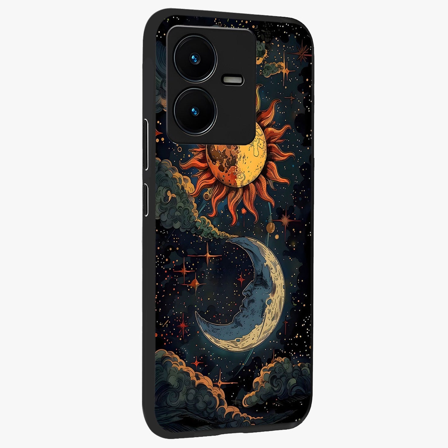 Sun And Moon Magic Design Glass Case upright view showcasing decorative sun and moon artwork with spiritual celestial theme.