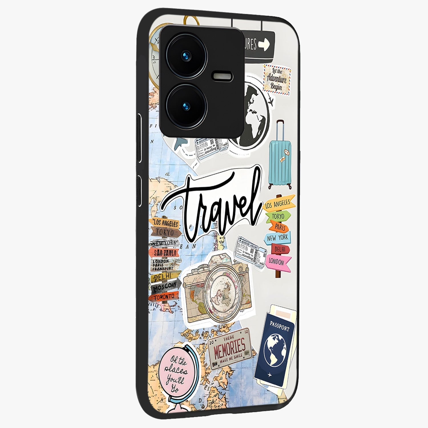 Wanderlust Journal Glass Case upright view showcasing wanderlust inspired artwork with creative exploration theme.