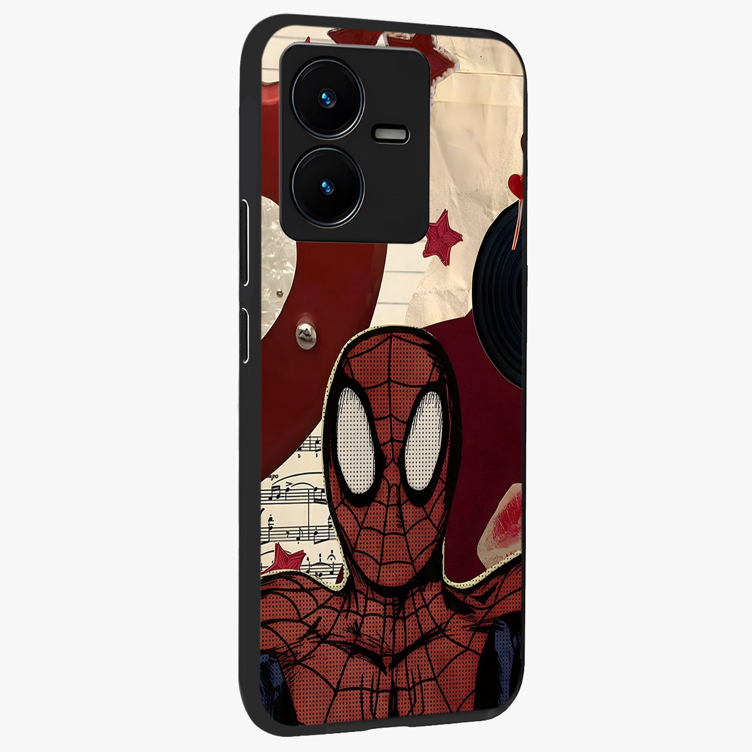Web Warrior Vibes Glass Case upright view showcasing energetic superhero artwork with bold action theme.