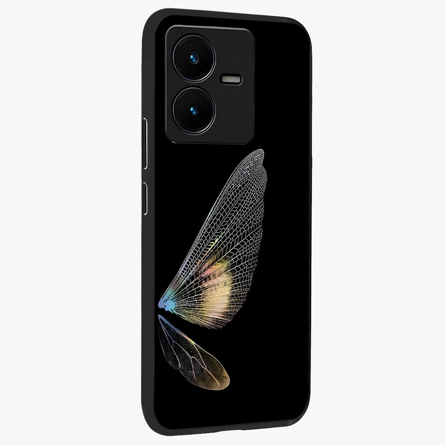 Whispers Of Wings Glass Case upright view showcasing elegant wing artwork with light airy theme.