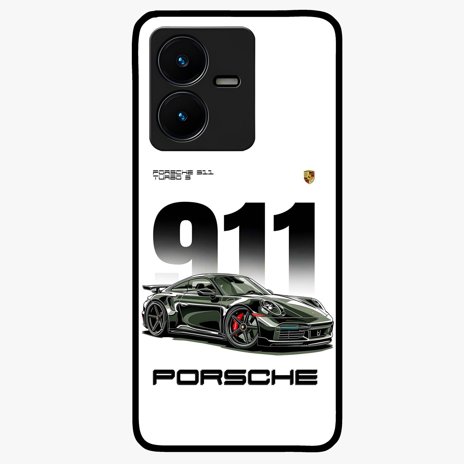 911 Turbo Dominance Glass Case showing clean flat back view with bold 911 sports car artwork and glossy glass finish.