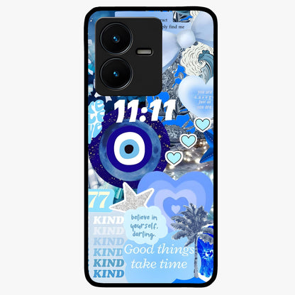 Aesthetic Be Kind Eye Glass Case showing flat back view with motivational eye artwork and glossy glass finish.