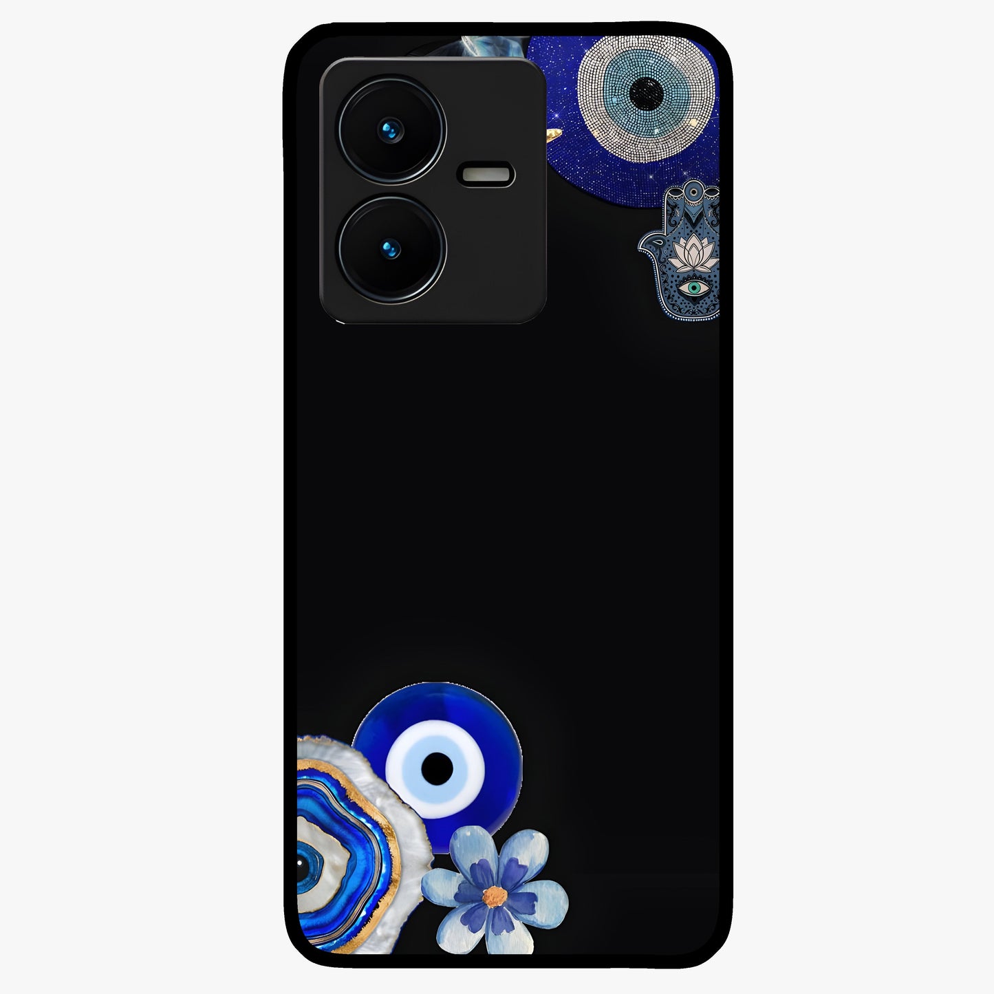 Aesthetic Blue Evil Eye Glass Case showing flat back view with protective evil eye artwork and glossy glass finish.