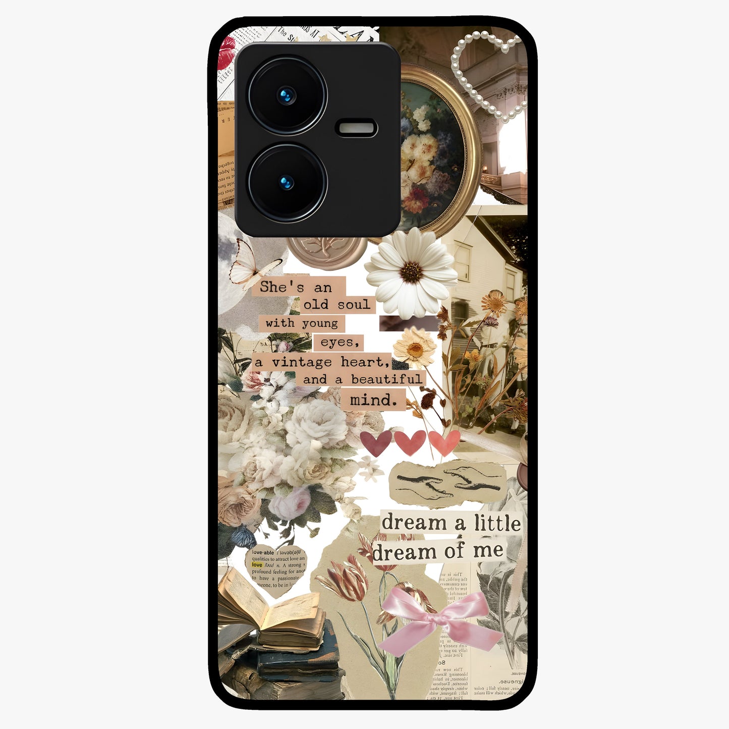 Aesthetic Brown Vintage Collage Glass Case showing flat back view with retro collage artwork and glossy glass finish.