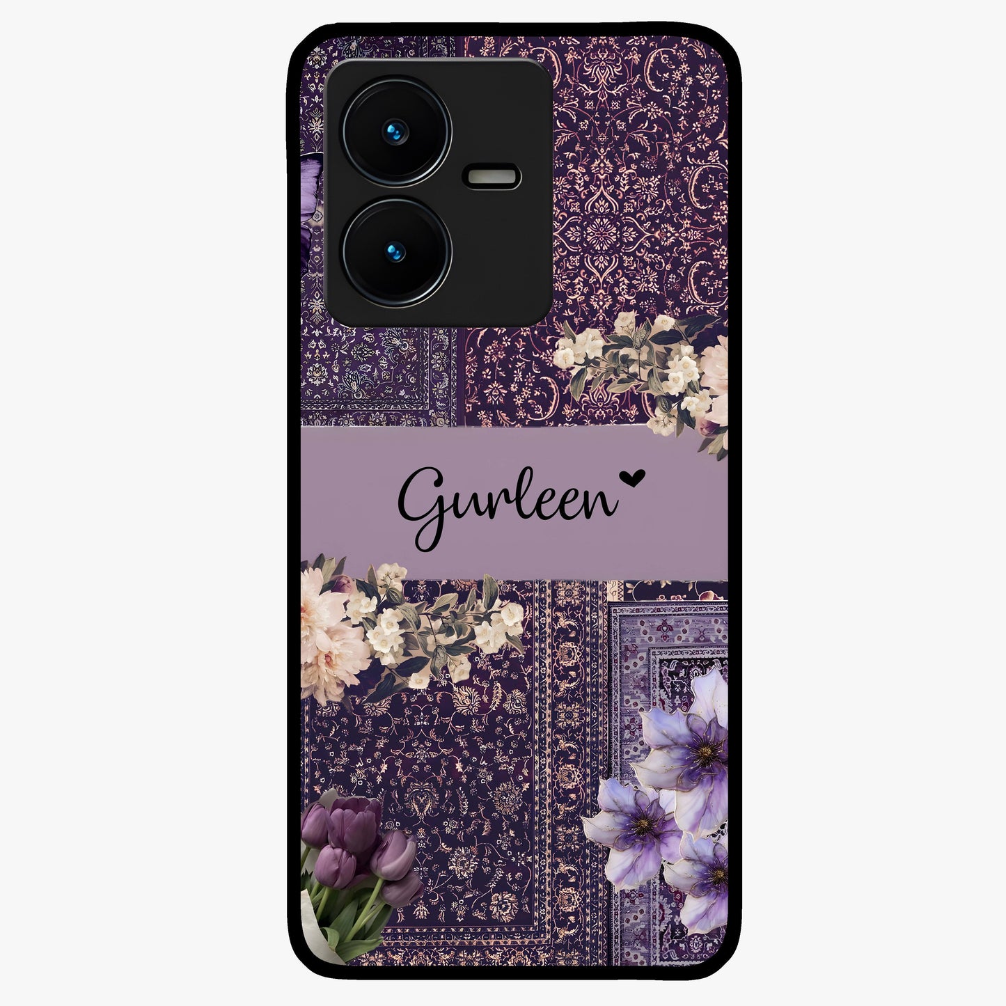 Antique Floral Whisper Custom Name Glass Case showing flat back view with vintage floral artwork and personalized name design.