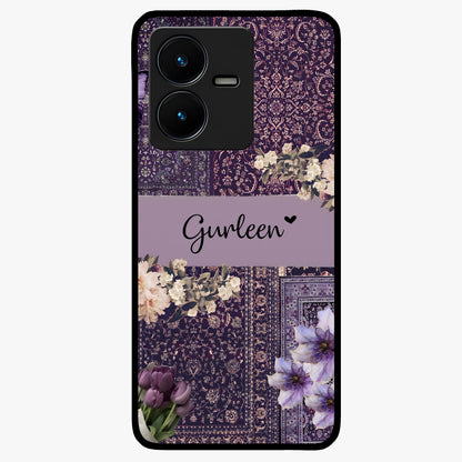 Antique Floral Whisper Custom Name Glass Case showing flat back view with vintage floral artwork and personalized name design.