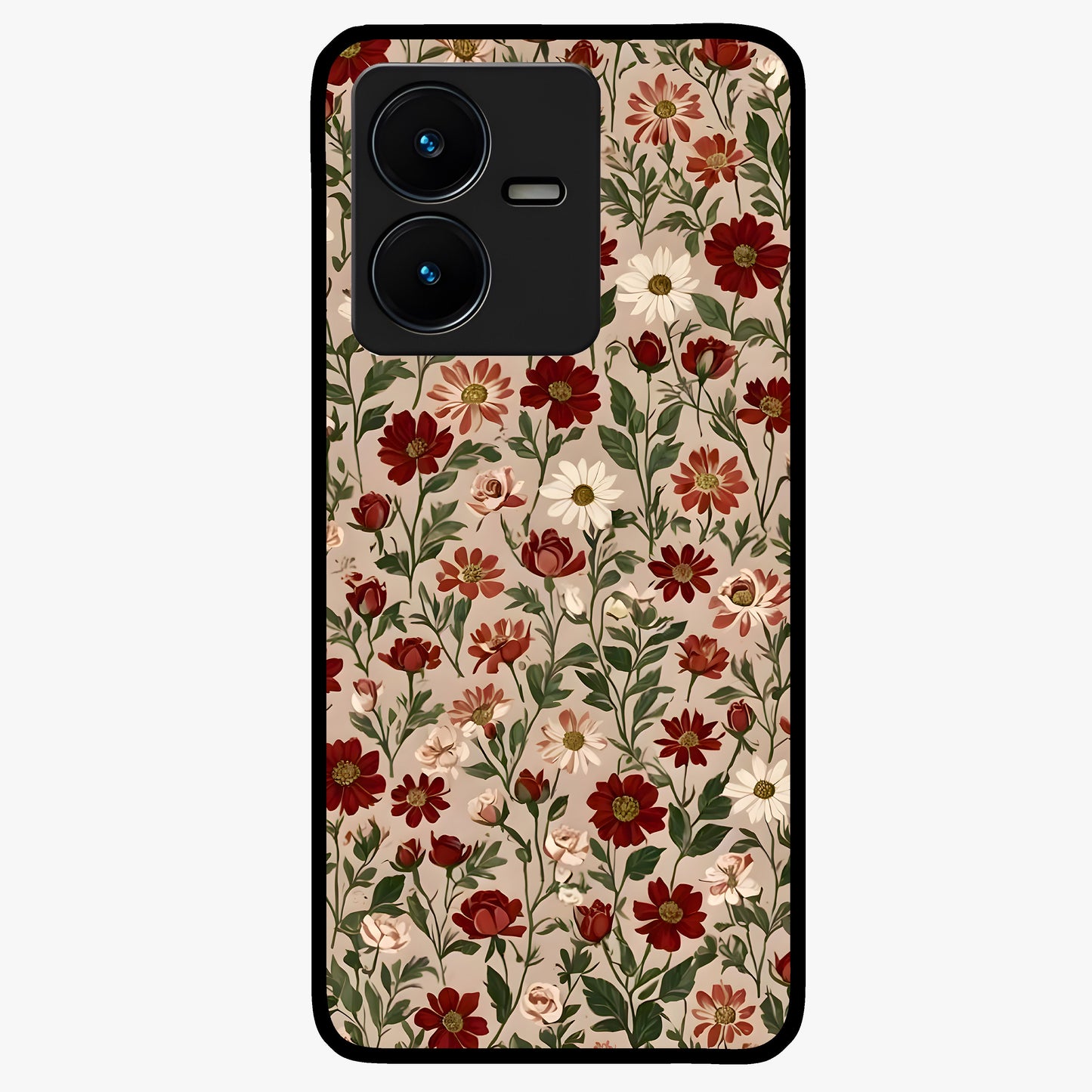 Biege Flower With Leaf Glass Case showing flat back view with soft beige floral artwork and glossy glass finish.
