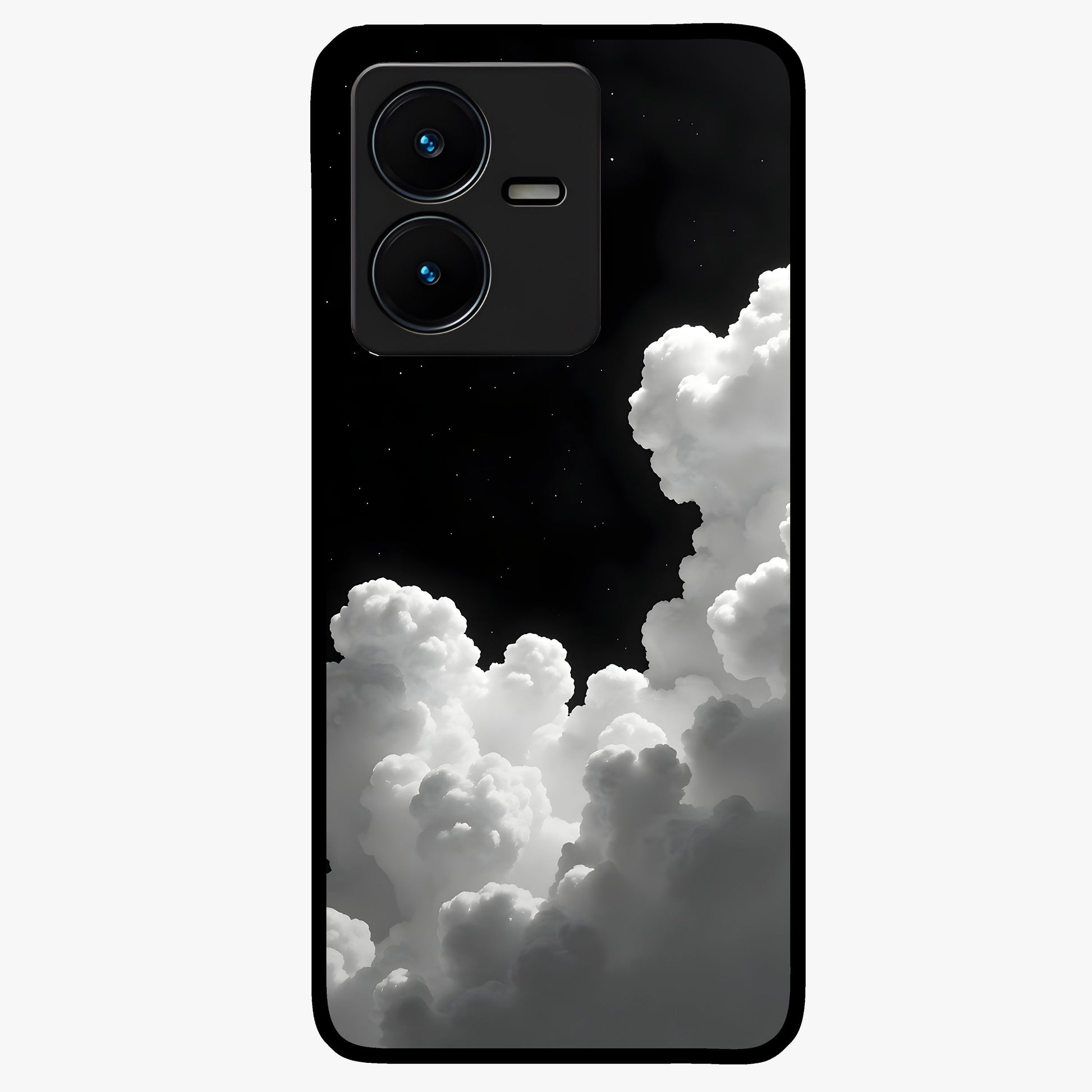 Black Background With White Cloud Glass Case showing flat back view with minimal cloud artwork on dark background and glossy glass finish.