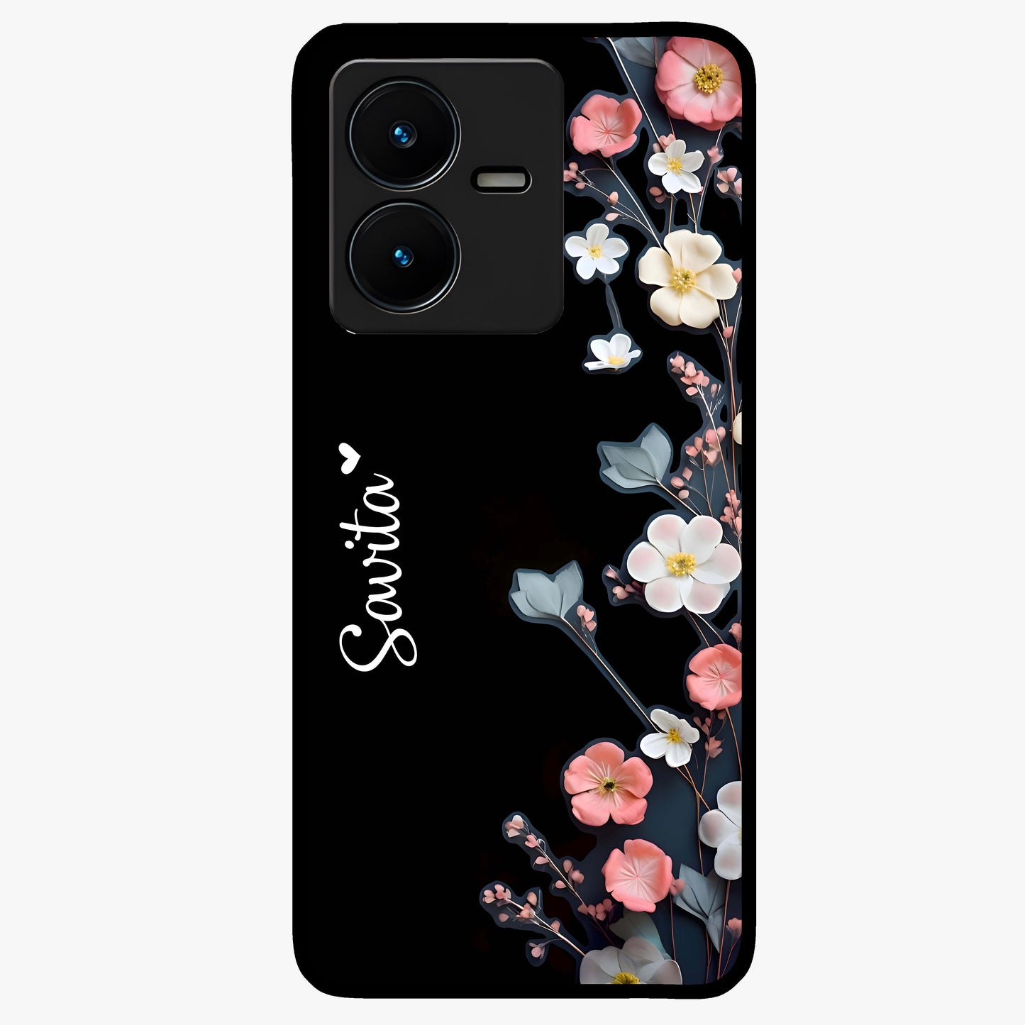 Black Elegance Floral Custom Name Glass Case showing flat back view with elegant floral artwork and personalized name design.