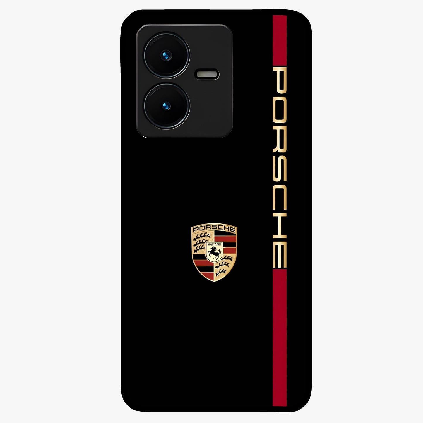 Black Minimal Porsche Glass Case showing flat back view with sleek minimal sports car artwork and glossy glass finish.