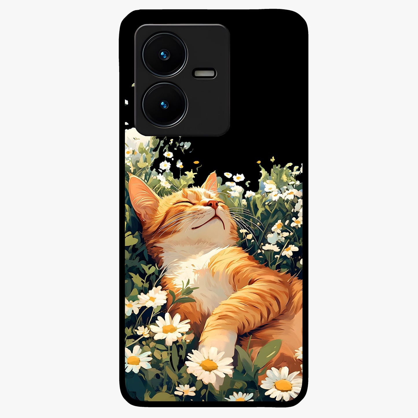 Blissful Bloom Cat Glass Case showing flat back view with cute cat and floral bloom artwork and glossy glass finish.