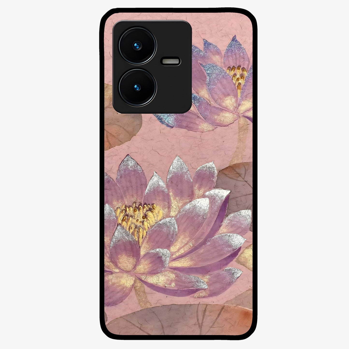 Blossom Mist Lotus Glass Case showing flat back view with serene lotus blossom artwork and glossy glass finish.