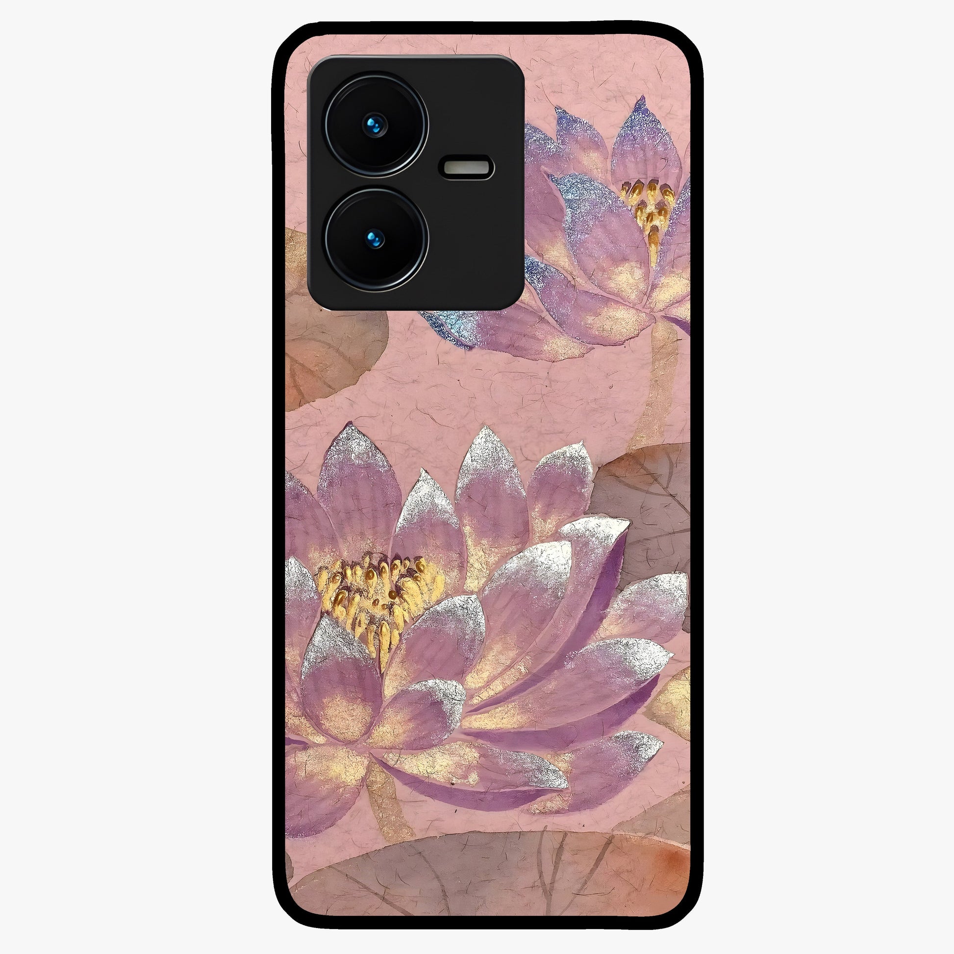 Blossom Mist Lotus Glass Case showing flat back view with serene lotus blossom artwork and glossy glass finish.