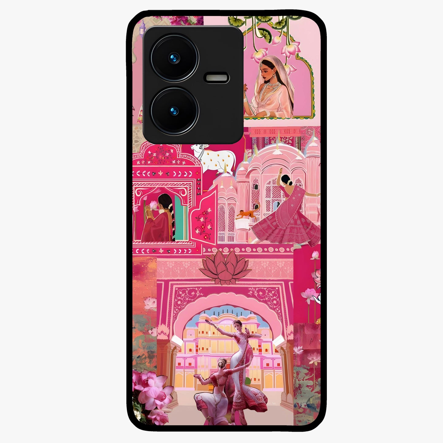 Blossoms of Rajasthan Glass Case showing flat back view with traditional floral artwork inspired by Rajasthan and glossy glass finish.