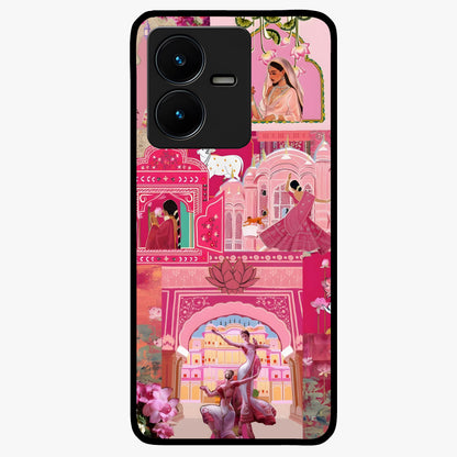 Blossoms of Rajasthan Glass Case showing flat back view with traditional floral artwork inspired by Rajasthan and glossy glass finish.