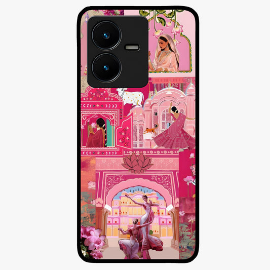 Blossoms of Rajasthan Glass Case showing flat back view with traditional floral artwork inspired by Rajasthan and glossy glass finish.