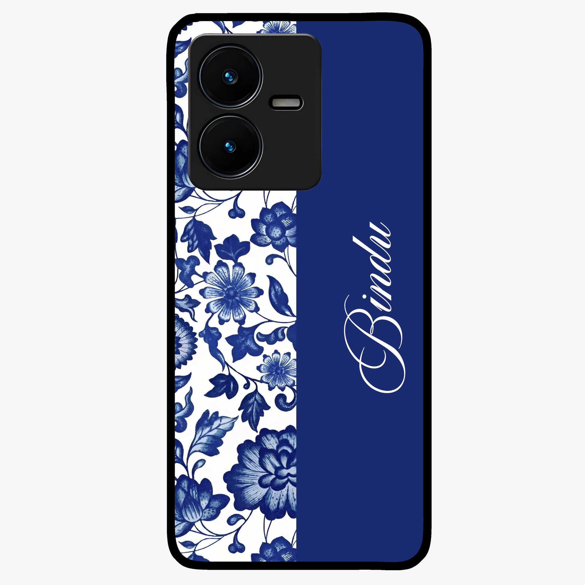 Blue Vintage Floral Pattern Glass Case upright view showcasing timeless floral illustration with vintage inspired style.