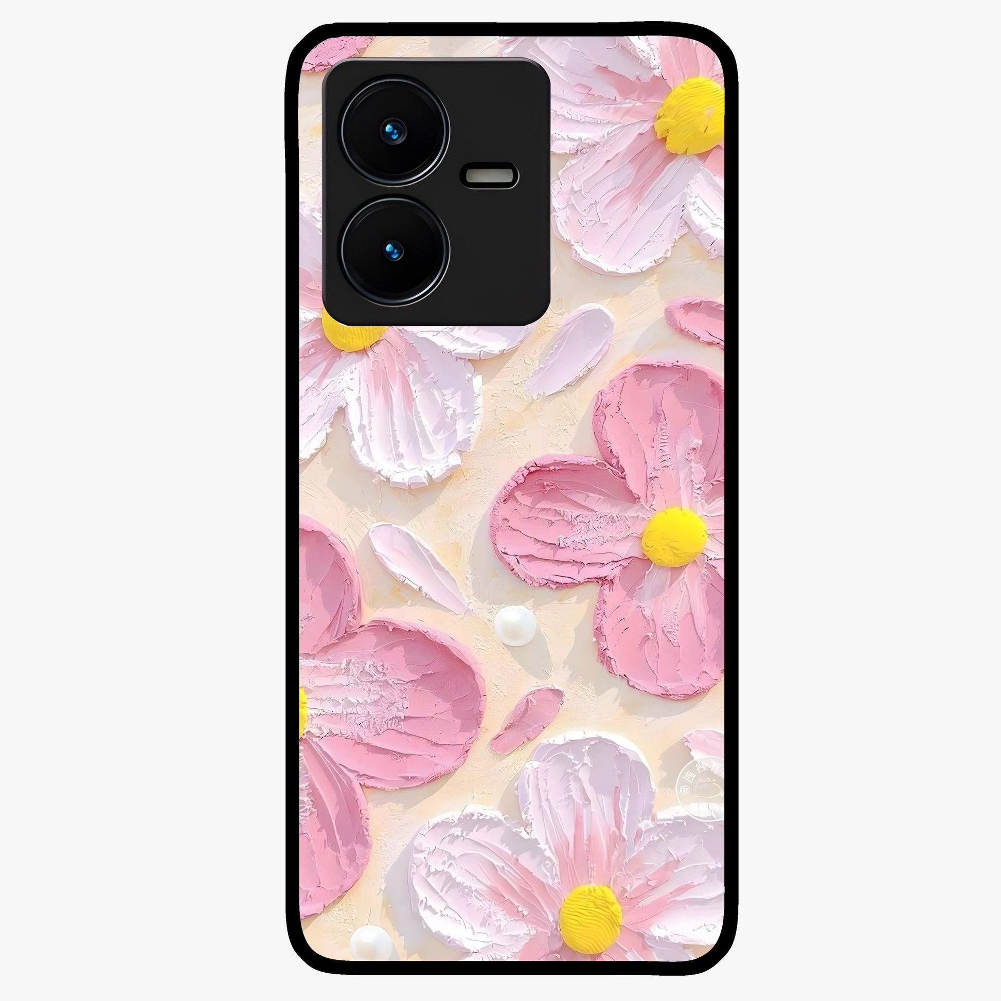 Blush Bloom Texture Glass Case showing flat back view with soft blush floral texture artwork and glossy glass finish.