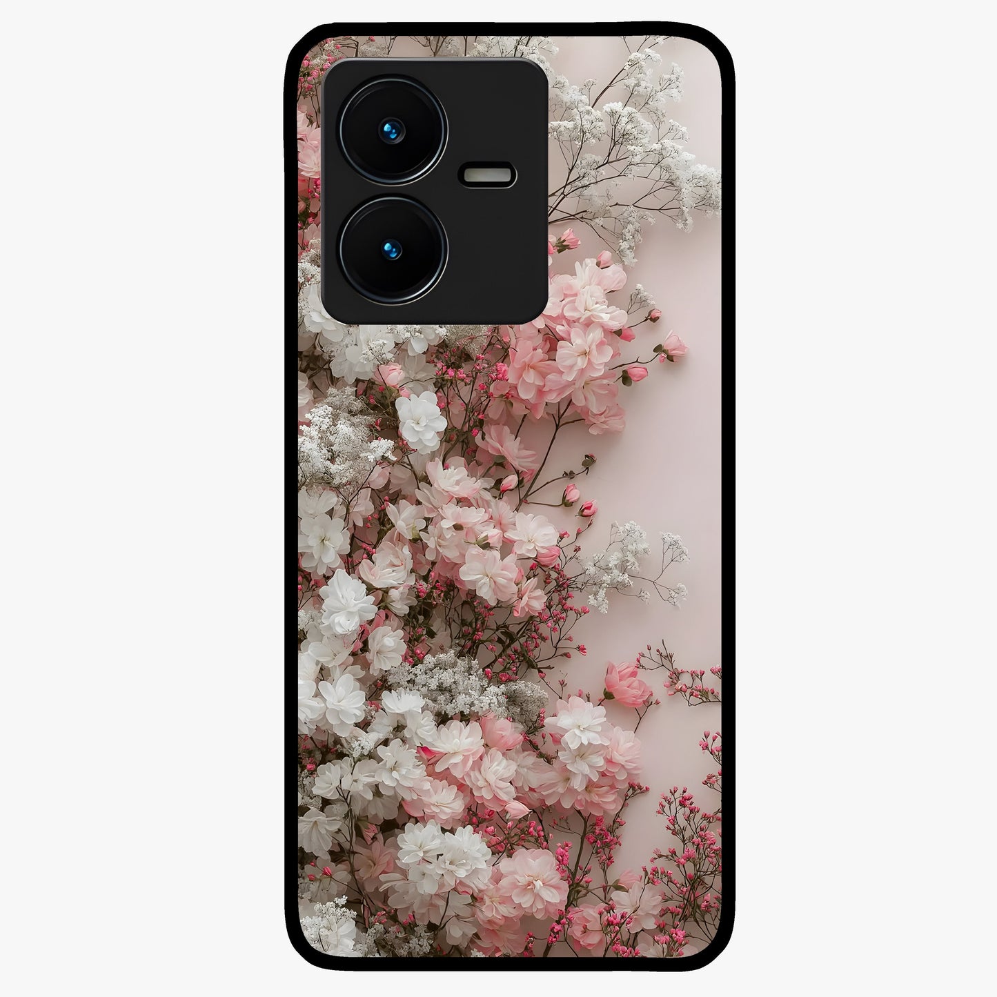 Blush Blossom Cloud Glass Case showing flat back view with dreamy blush cloud blossom artwork and glossy glass finish.