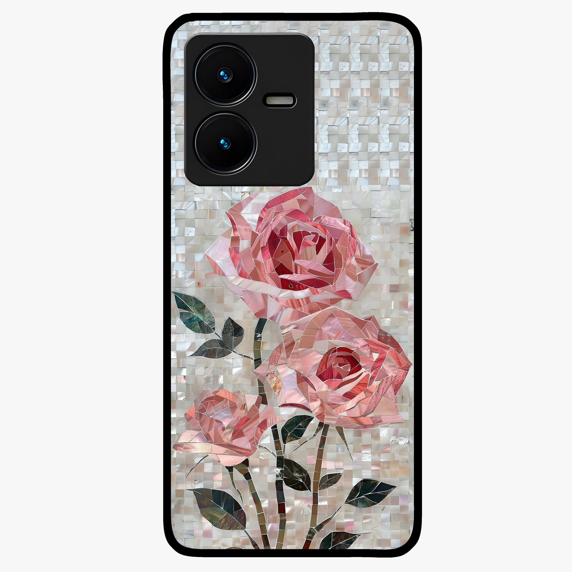 Blush Mosaic Bloom Glass Case showing flat back view with mosaic floral bloom artwork and glossy glass finish.