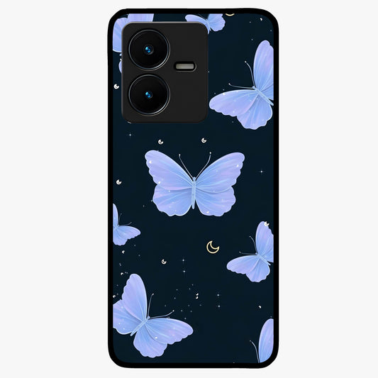 Butterfly With Stars Pattern Glass Case showing flat back view with butterfly and star pattern artwork and glossy glass finish.