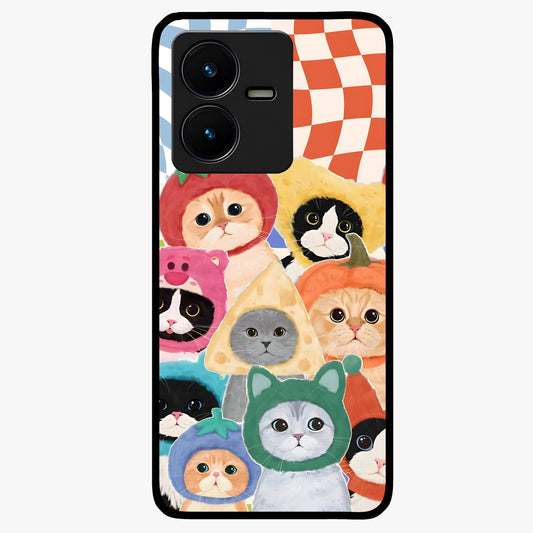 Cats in Fruits Glass Case showing flat back view with playful cat illustrations inside fruit artwork and glossy glass finish.