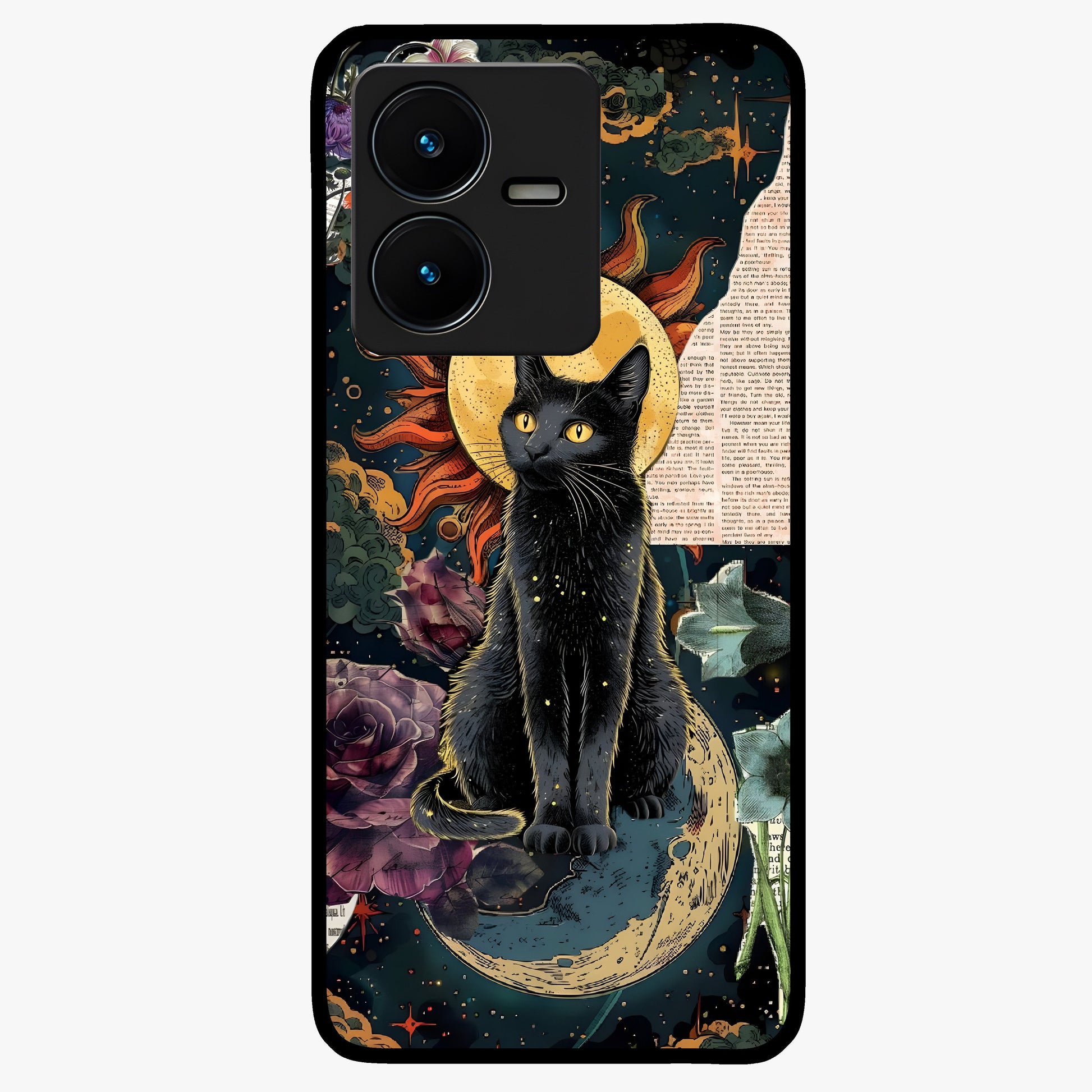 Celestial Black Cat Glass Case showing flat back view with mystical black cat artwork and glossy glass finish.