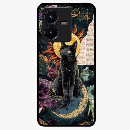 Celestial Black Cat Glass Case showing flat back view with mystical black cat artwork and glossy glass finish.