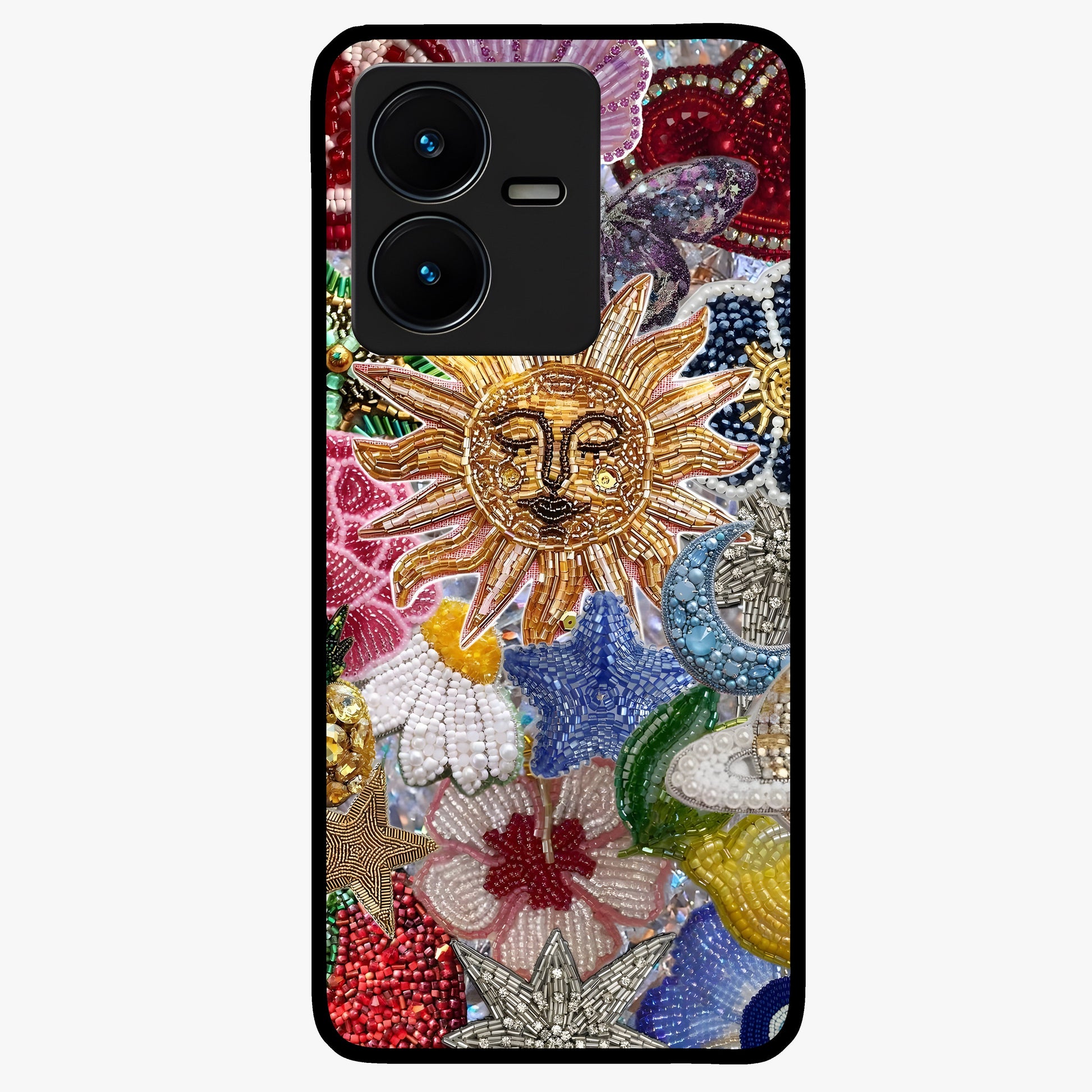 Celestial Floral and Playful Glass Case showing flat back view with floral and celestial themed artwork and glossy glass finish.