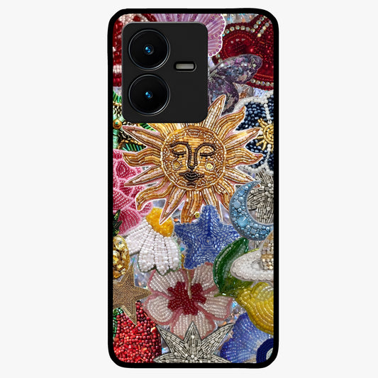 Celestial Floral and Playful Glass Case showing flat back view with floral and celestial themed artwork and glossy glass finish.