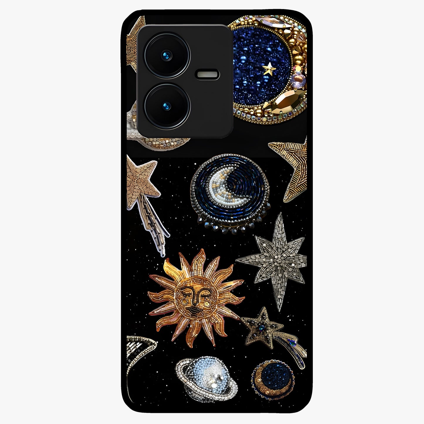 Celestial Gem Constellations Glass Case showing flat back view with sparkling constellation artwork and glossy glass finish.