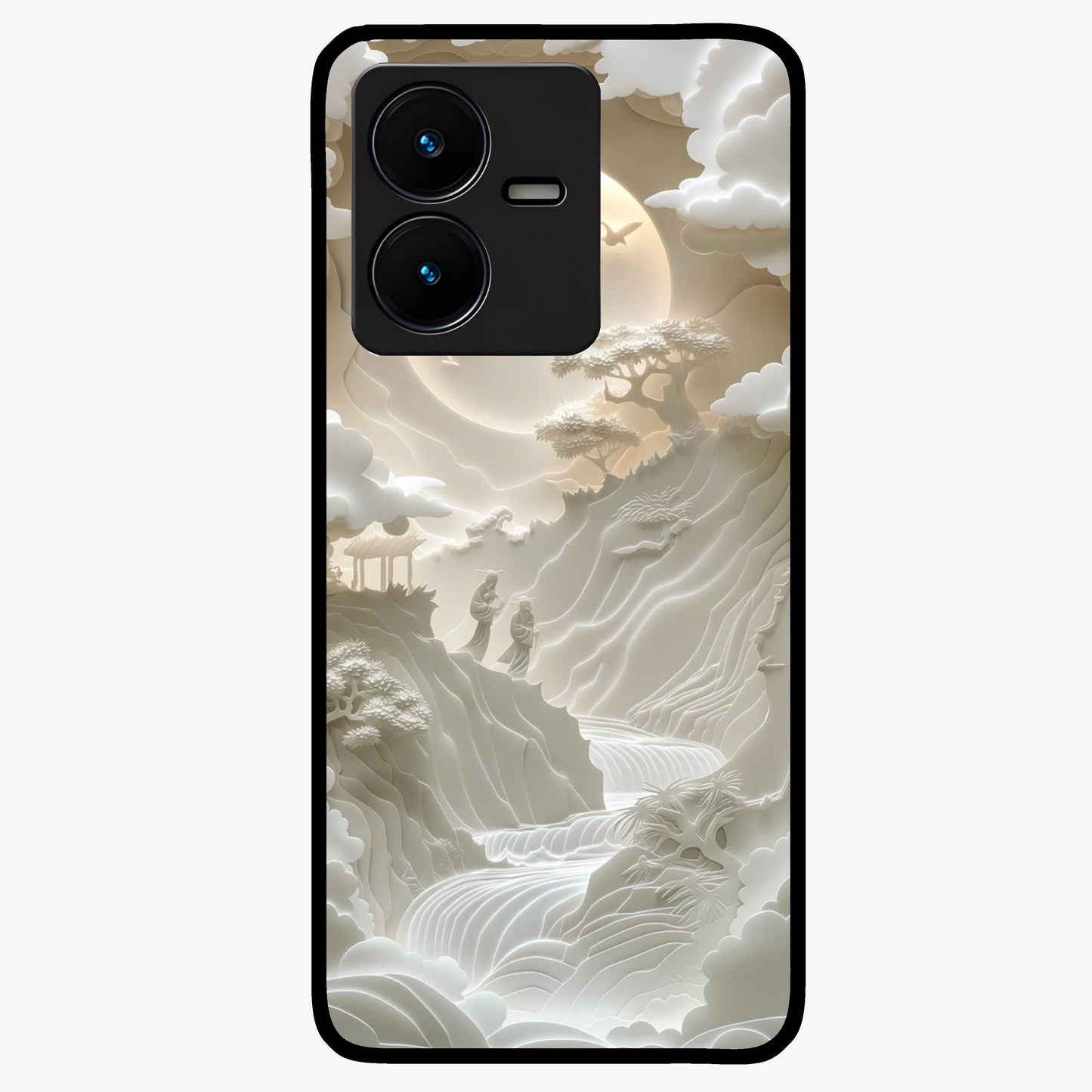 Celestial Origami Glass Case showing flat back view with artistic origami inspired celestial artwork and glossy glass finish.