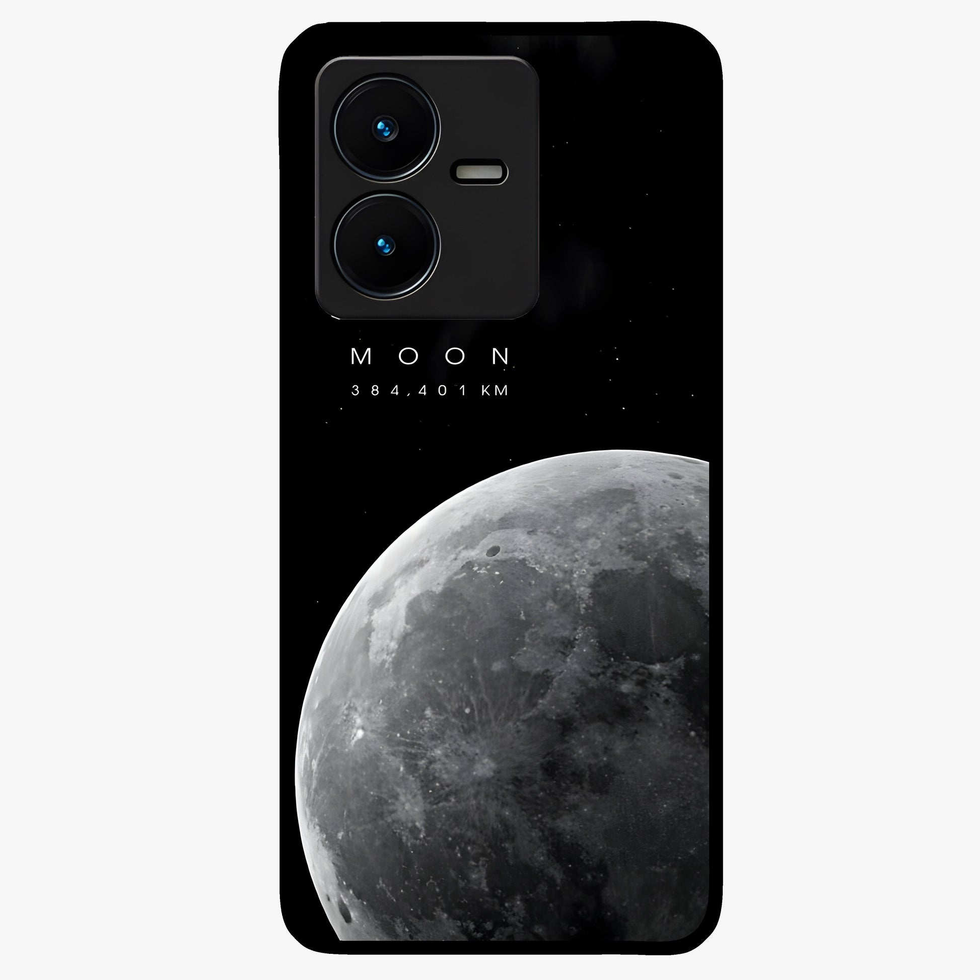 Cosmic Moon Glow Glass Case showing flat back view with glowing moon artwork and glossy glass finish.