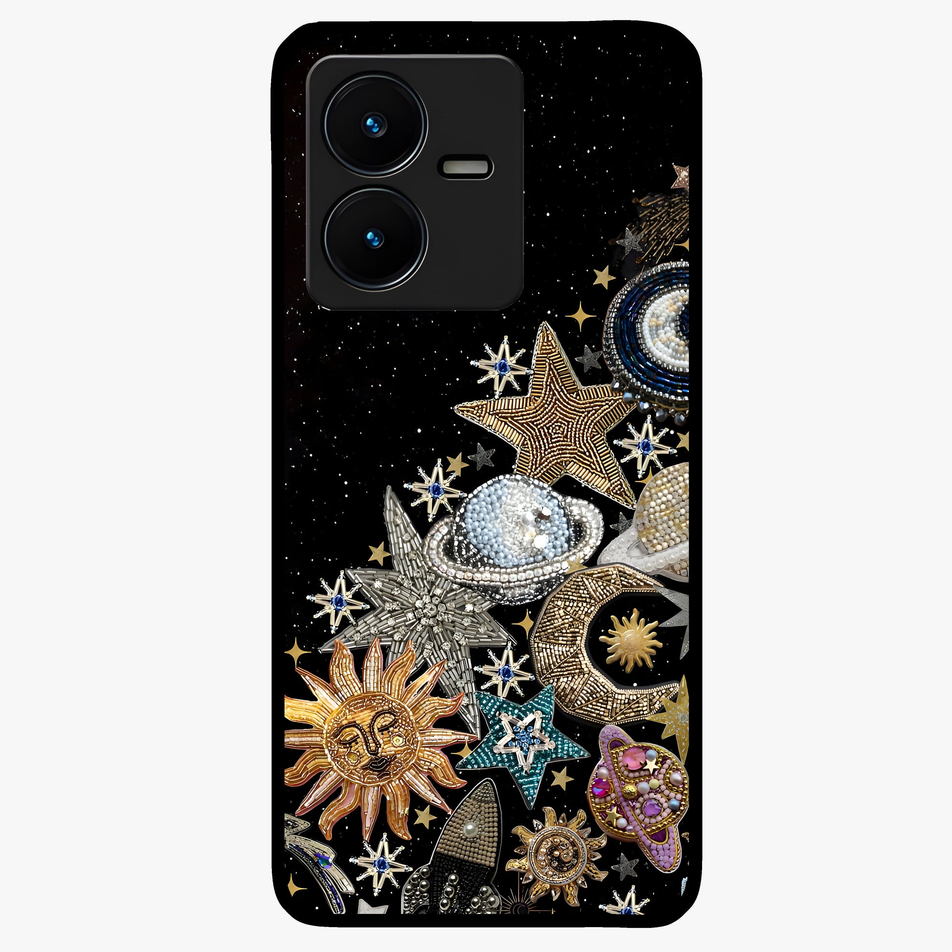 Cosmic Sparkle Dreams Glass Case showing flat back view with sparkling cosmic artwork and glossy glass finish.