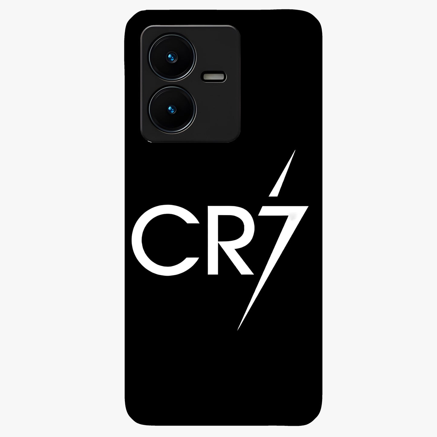 Cr7 Elite Strike Glass Case showing flat back view with dynamic football inspired artwork and glossy glass finish.