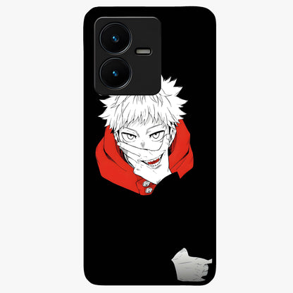 Crimson Chaos Smile Glass Case showing flat back view with bold chaotic smile artwork and glossy glass finish.