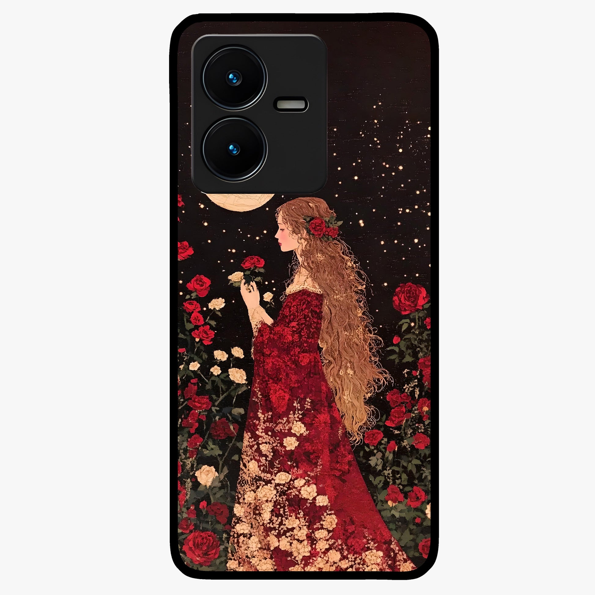 Crimson Dreams Glass Case showing flat back view with dreamy crimson artwork and glossy glass finish.