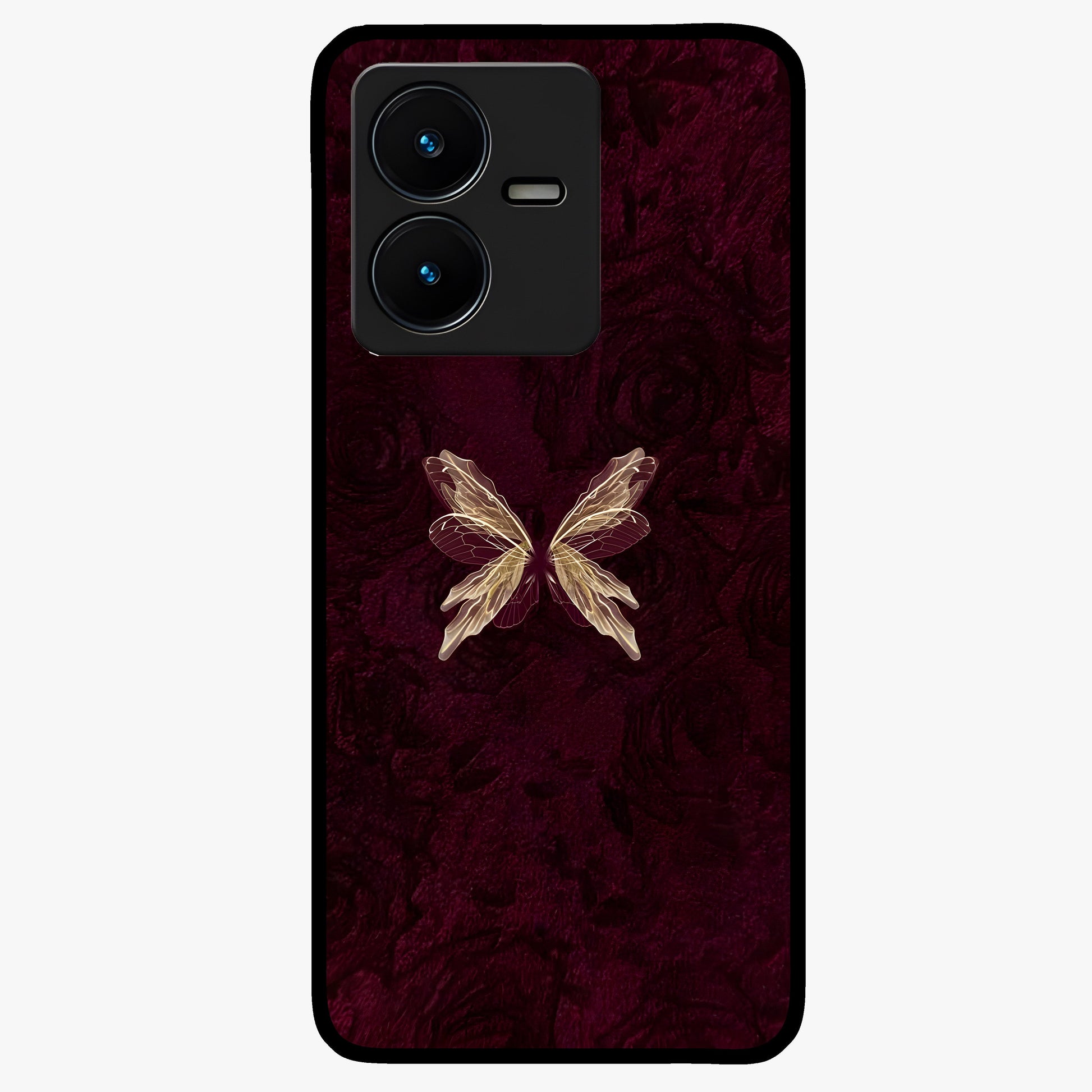 Crimson Fade Butterfly Glass Case showing flat back view with fading butterfly artwork and glossy glass finish.