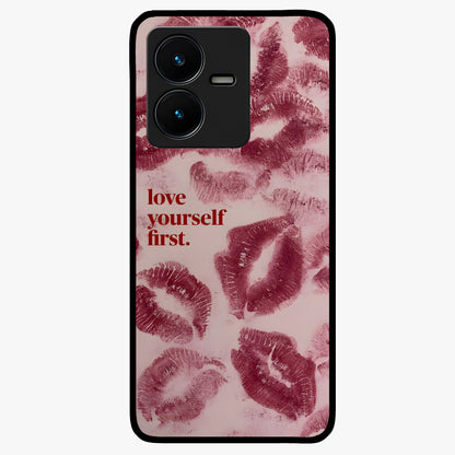 Crimson Kiss Love Glass Case showing flat back view with romantic crimson themed artwork and glossy glass finish.