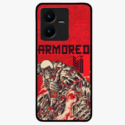 Crimson Mecha Titan Glass Case showing flat back view with powerful mech titan artwork and glossy glass finish.