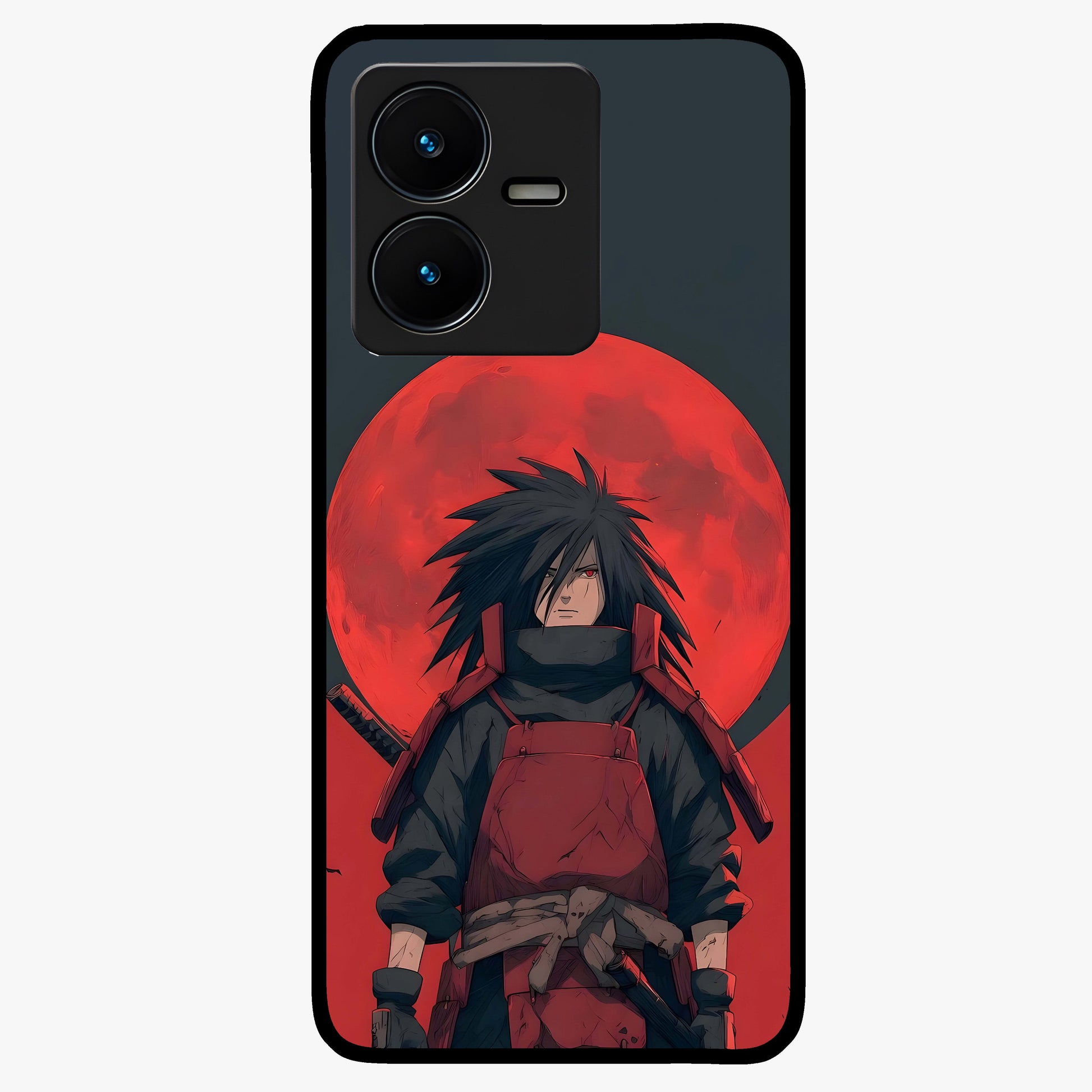 Crimson Moon Warlord Glass Case showing flat back view with mystical moon warrior artwork and glossy glass finish.