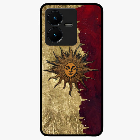 Crimson Sun Majesty Glass Case showing flat back view with radiant sun inspired artwork and glossy glass finish.