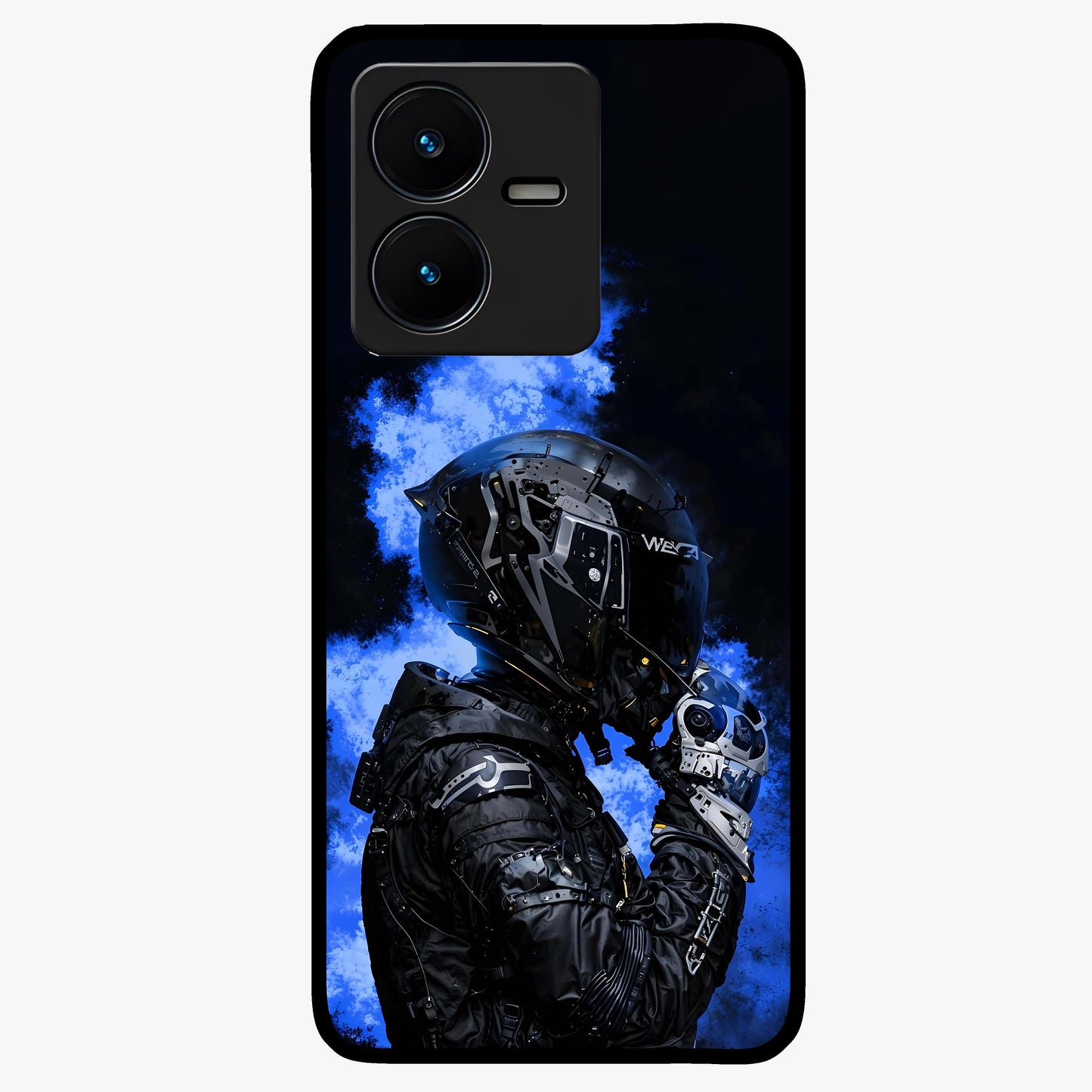 Cyber Sentinel Protocol Glass Case showing flat back view with futuristic cyber themed artwork and glossy glass finish.