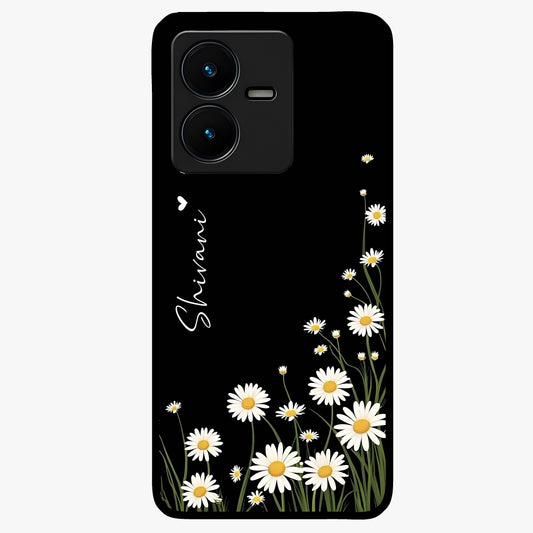 Daisy Cascade Custom Name Glass Case showing flat back view with cascading daisy flowers and personalized name design.