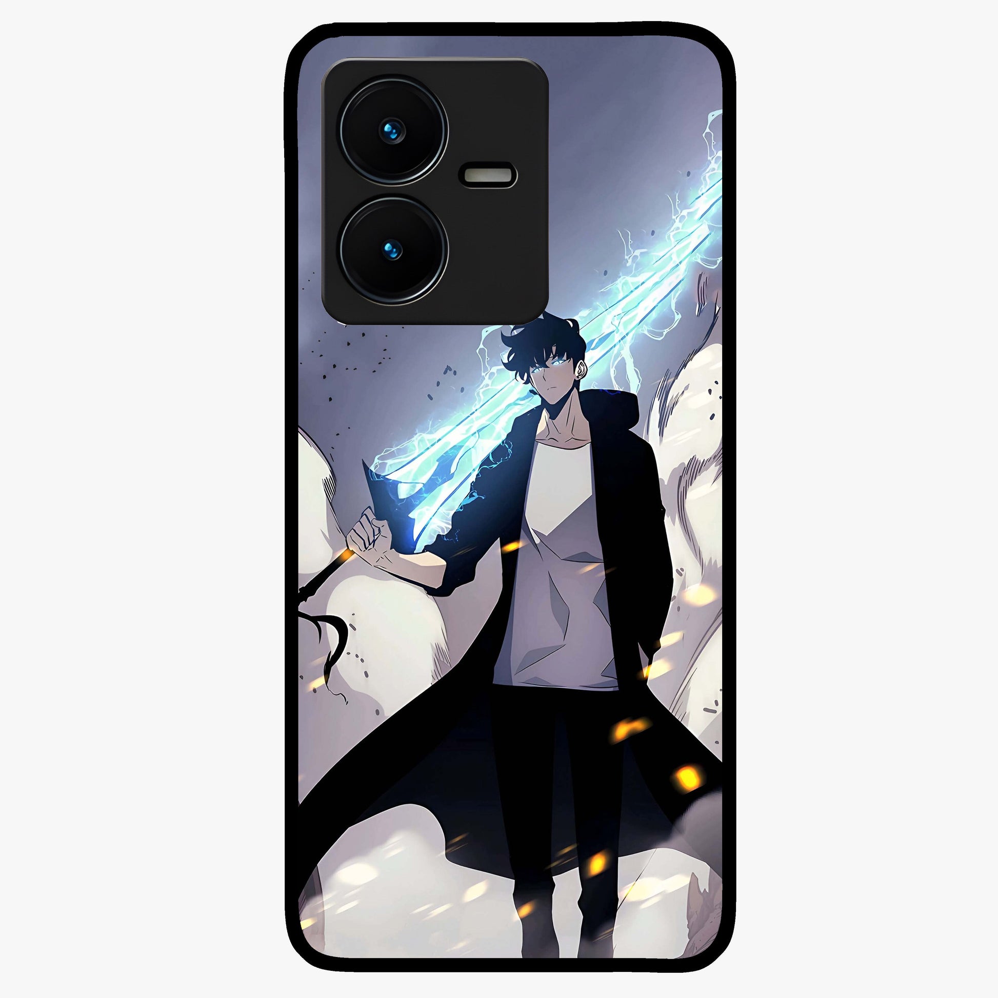 Dark Lightning Anime Warrior Glass Case showing flat back view with intense anime warrior artwork and glossy glass finish.